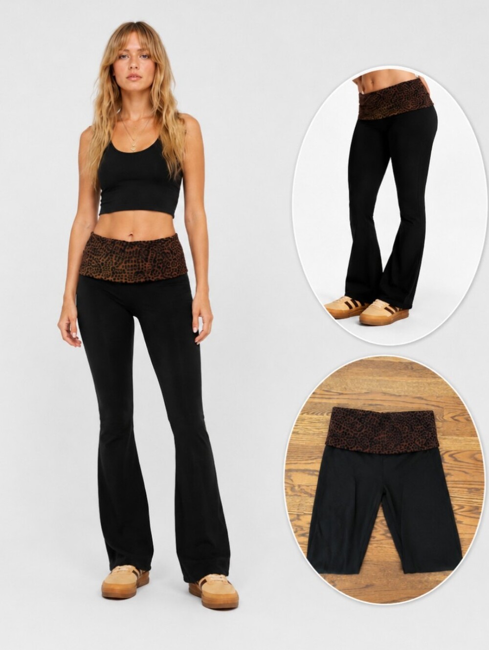 PINK Victoria's Secret Black Flare Yoga Pants Leopard Fold over Waistband Sz L